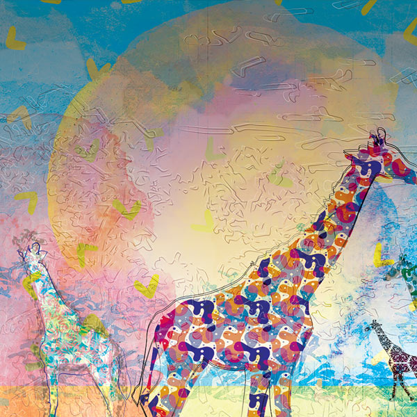 Sun behind giraffes